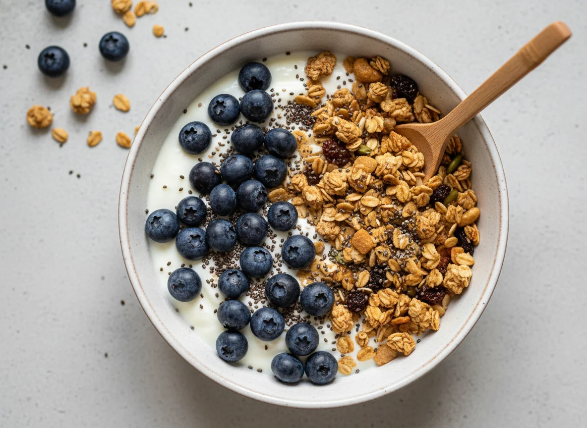 Iogurte com mirtilos, granola e chia photo