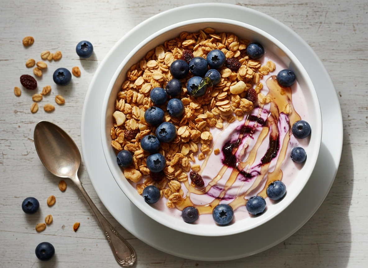 Iogurte com mirtilos, granola e mel photo