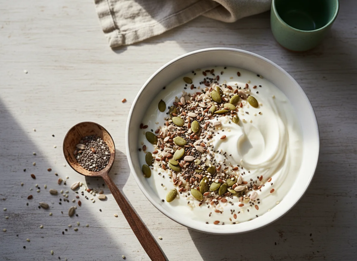 Iogurte com mix de sementes e proteína em pó photo