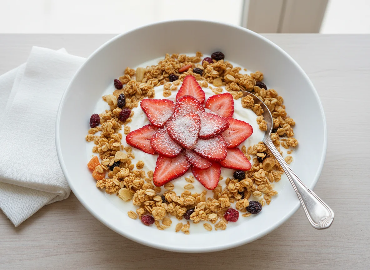 Iogurte com Morangos, Granola e Adoçante photo