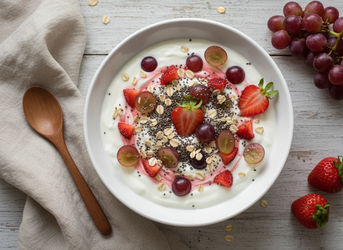 Iogurte com Morangos, Uva, Chia e Aveia photo