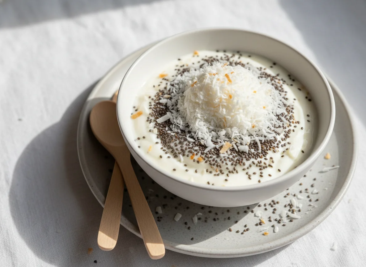 Iogurte com semente de chia e coco relado photo