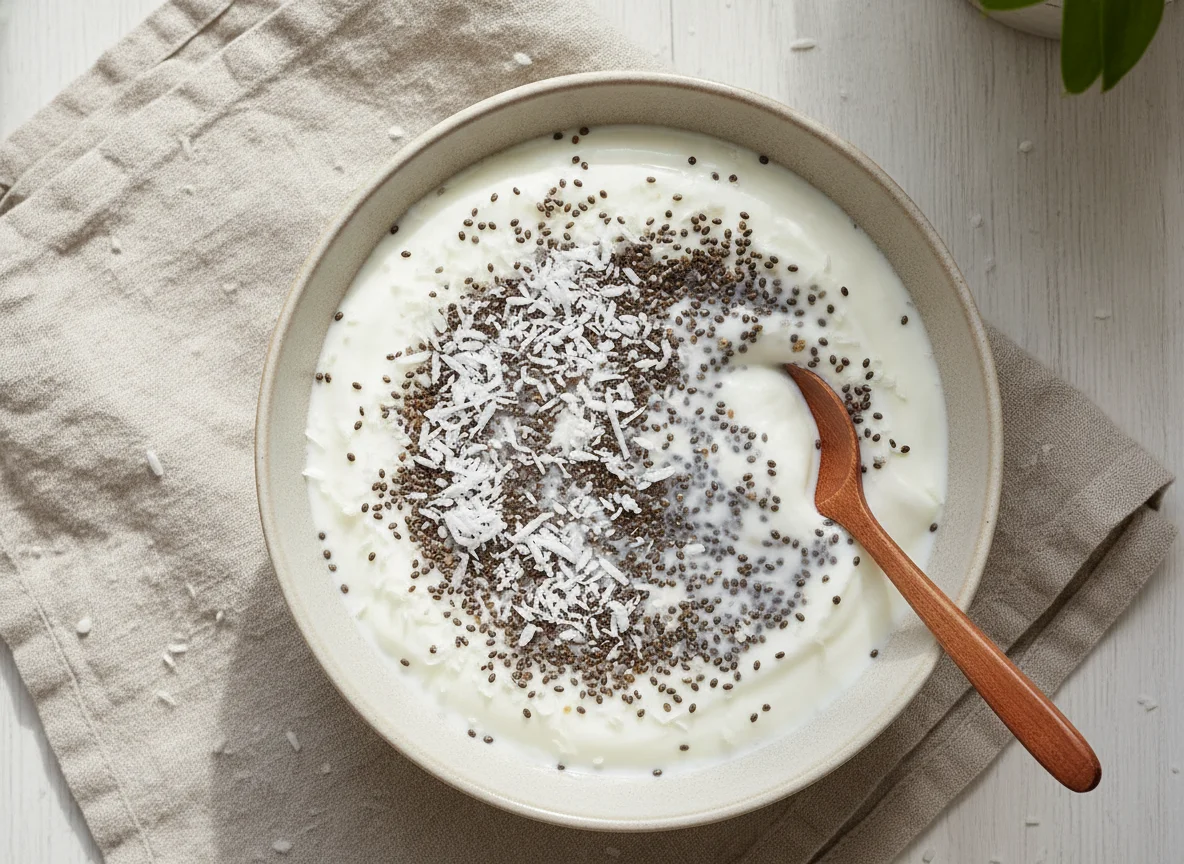 Iogurte com sementes de chia e coco ralado photo