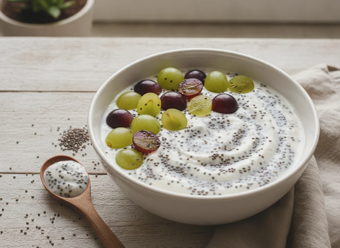 Iogurte com sementes de chia e uvas photo