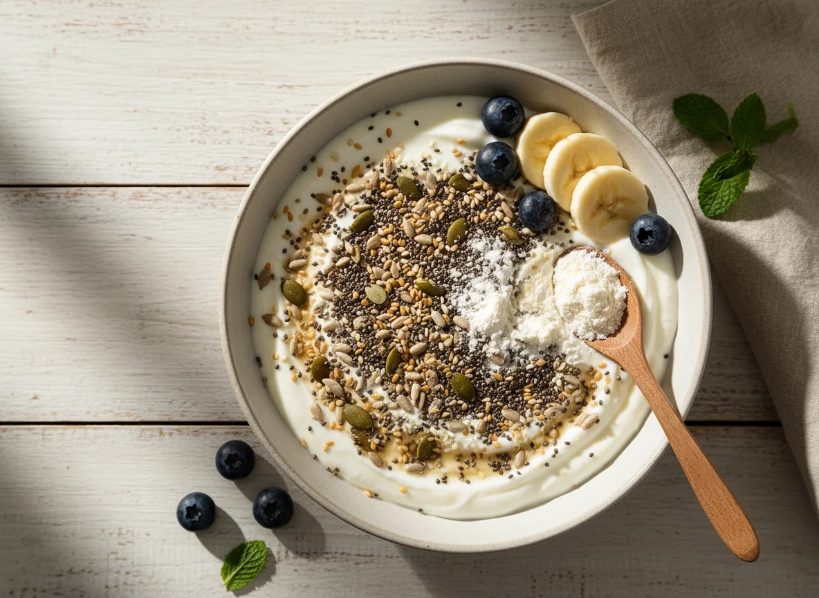 Iogurte com sementes e proteína em pó photo