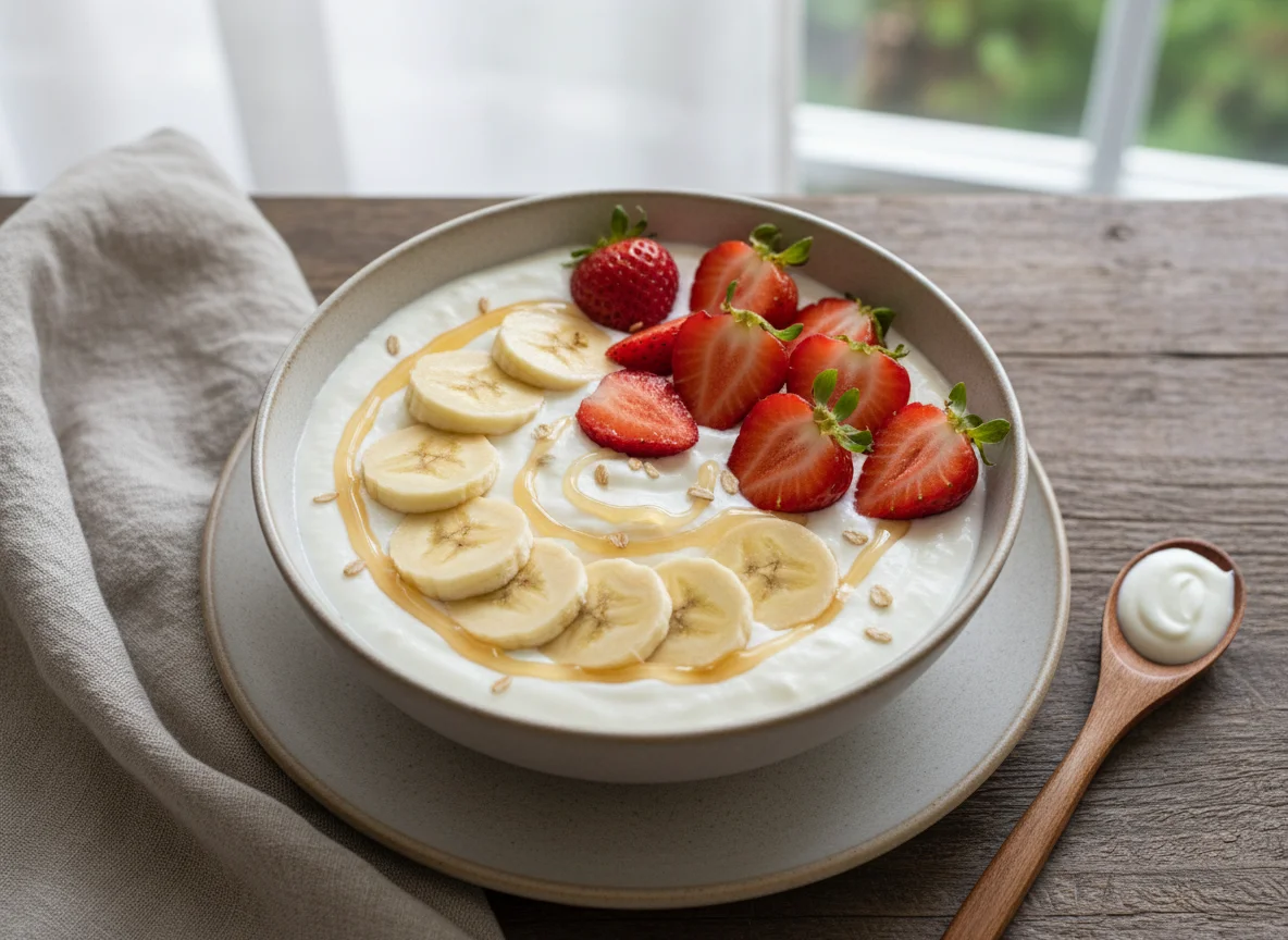 Iogurte natural com whey, morangos e banana photo