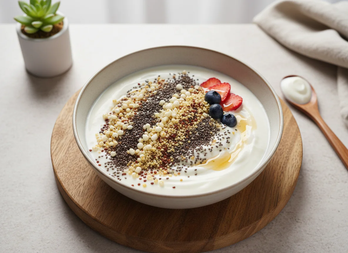 Iogurte parcialmente desnatado com chia, quinoa e amaranto photo