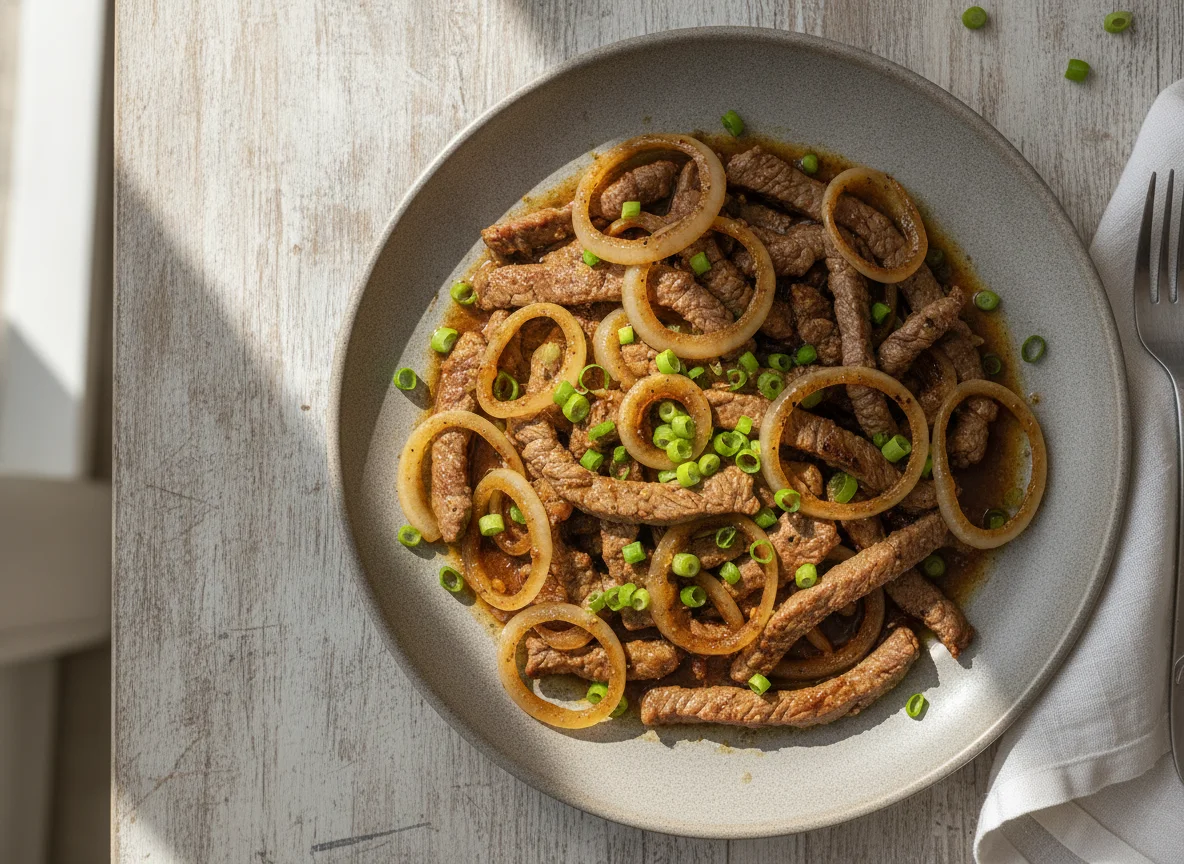 Iscas de carne acebolada photo