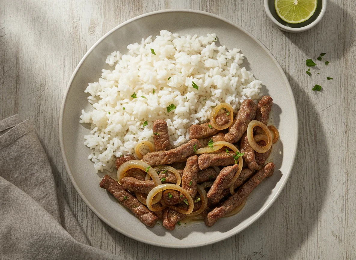 Iscas de carne acebolada com arroz branco photo