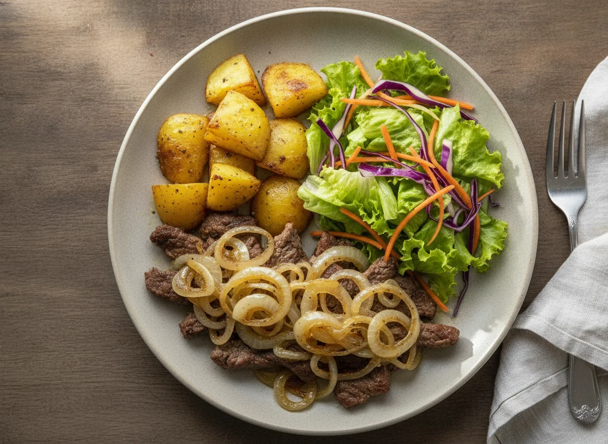Iscas de carne acebolada com batatas e salada photo