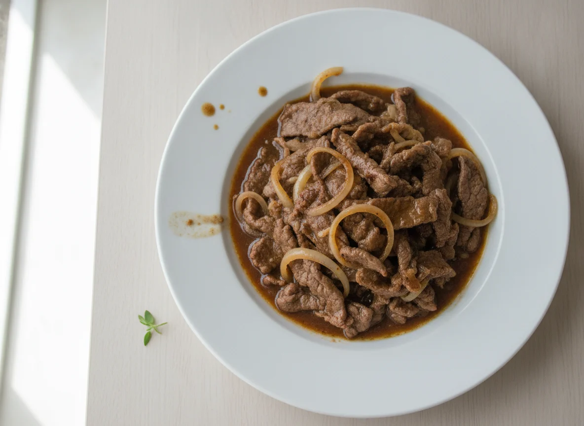 Iscas de carne acebolada com molho photo