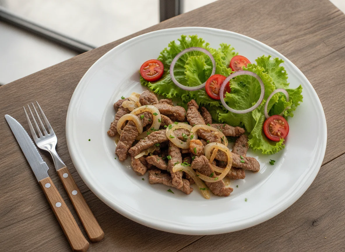 Iscas de carne acebolada com salada photo