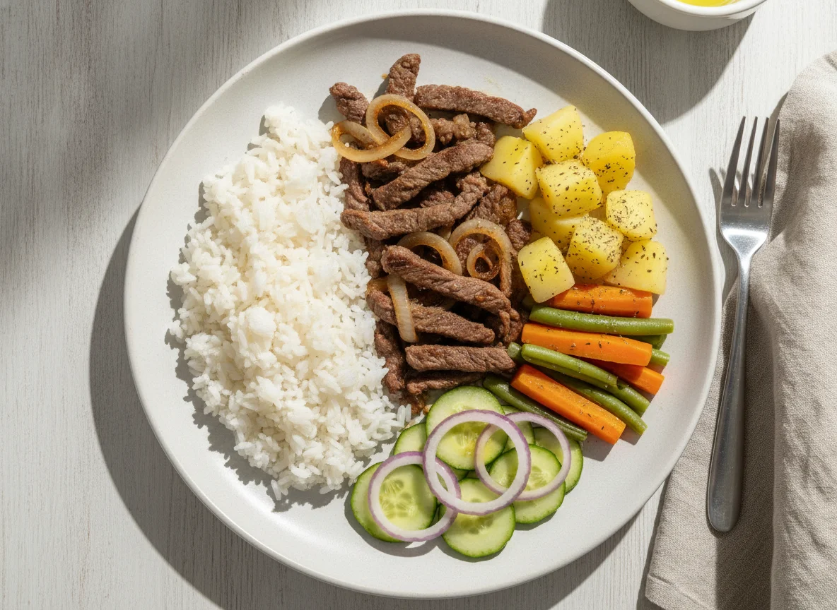 Iscas de carne com arroz, batata e salada mista photo