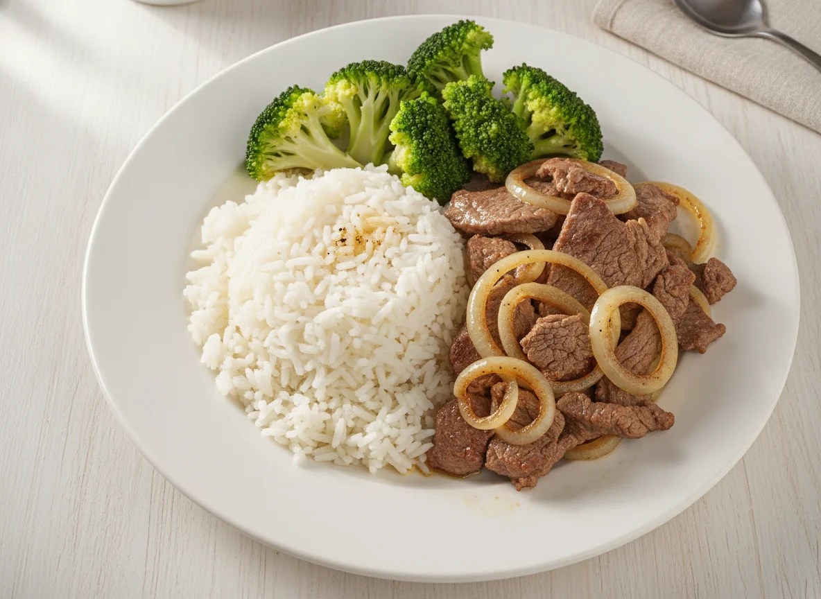 Iscas de carne com arroz e brócolis photo