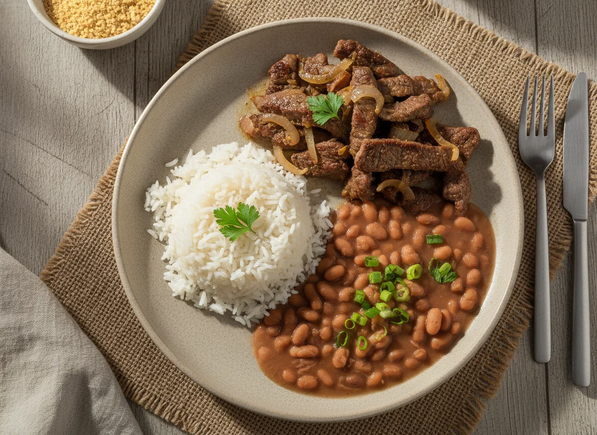 Iscas de carne com arroz e feijão photo