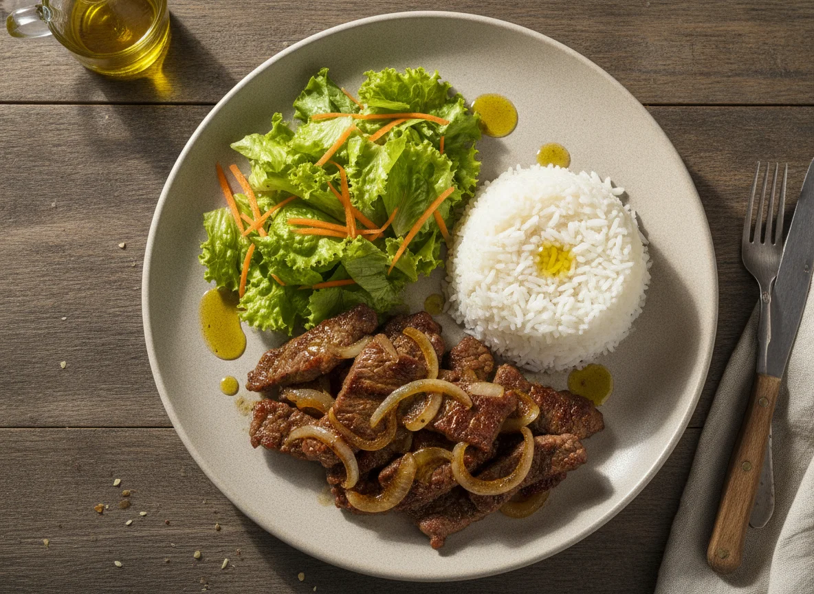 Iscas de carne com arroz e salada photo