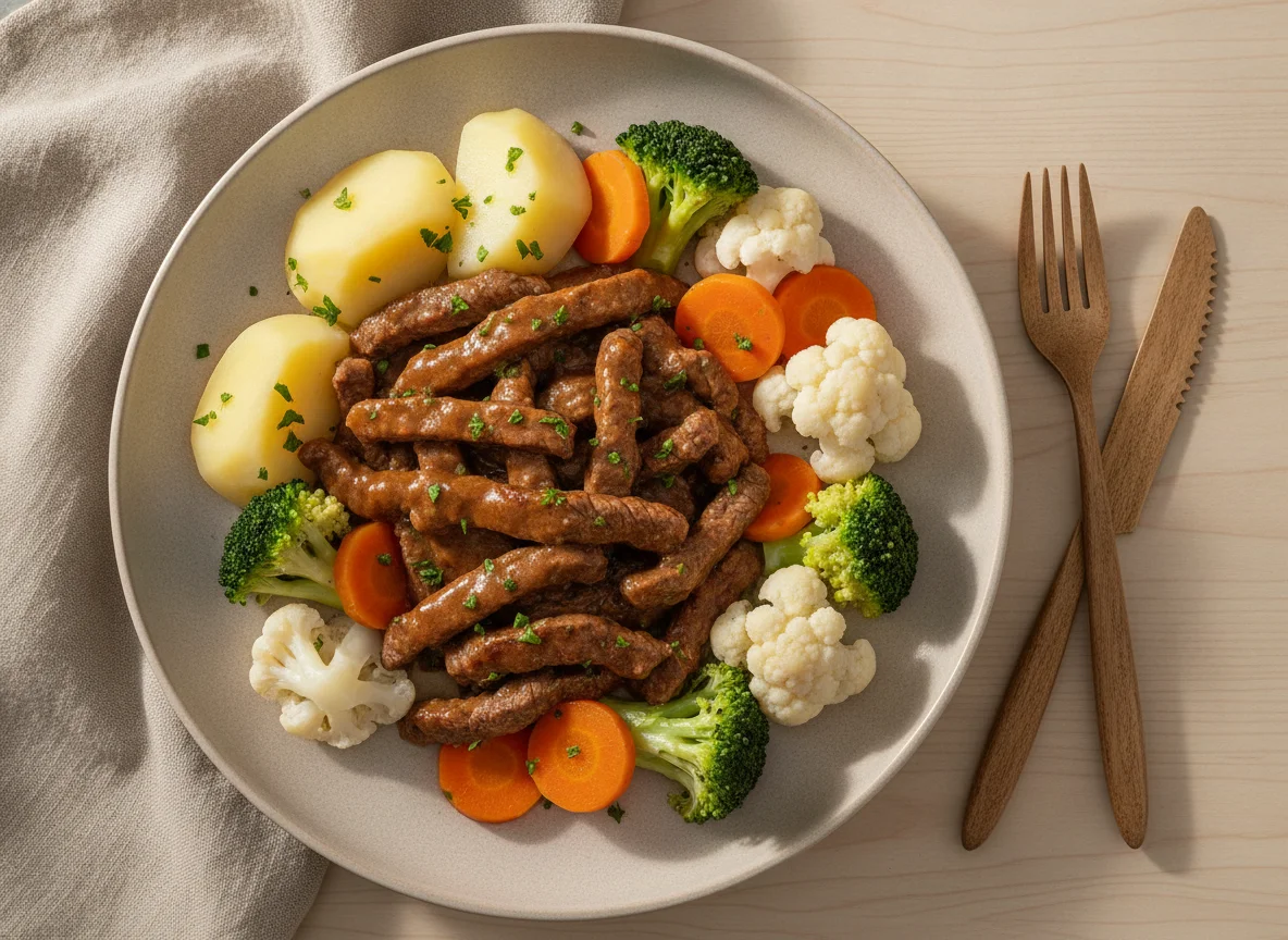 Iscas de carne com legumes cozidos photo