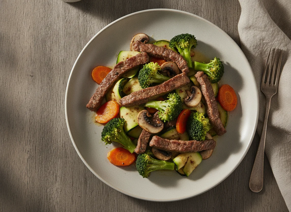 Iscas de carne com legumes e cogumelos photo