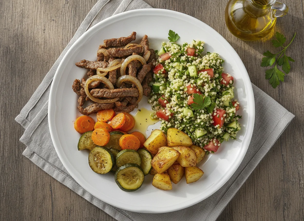Iscas de carne com legumes e tabule photo