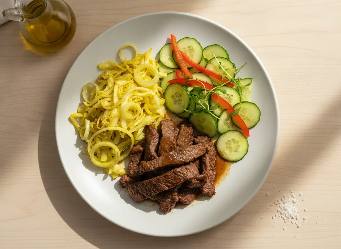 Iscas de carne com repolho e salada photo