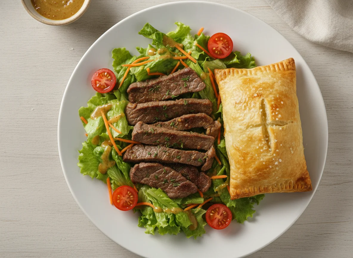 Iscas de carne com salada e pastel photo