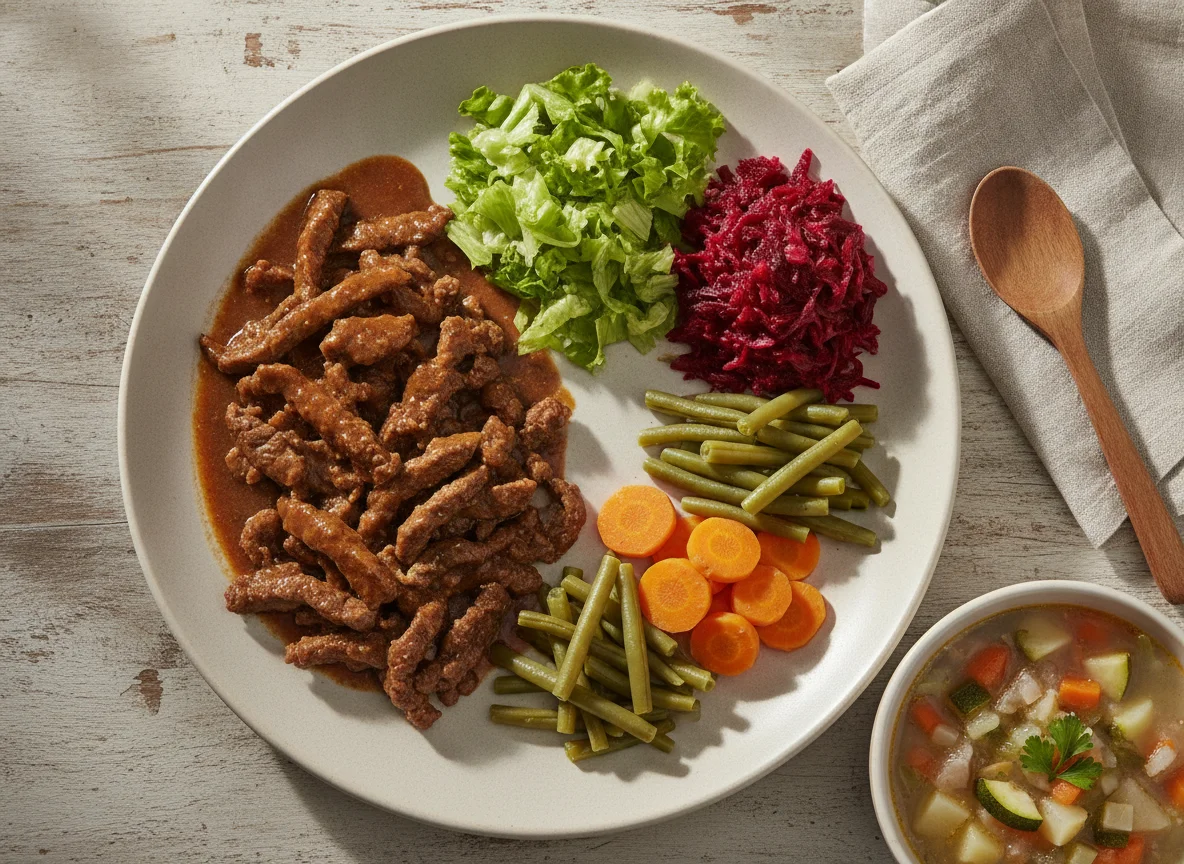 Iscas de carne com salada e sopa photo