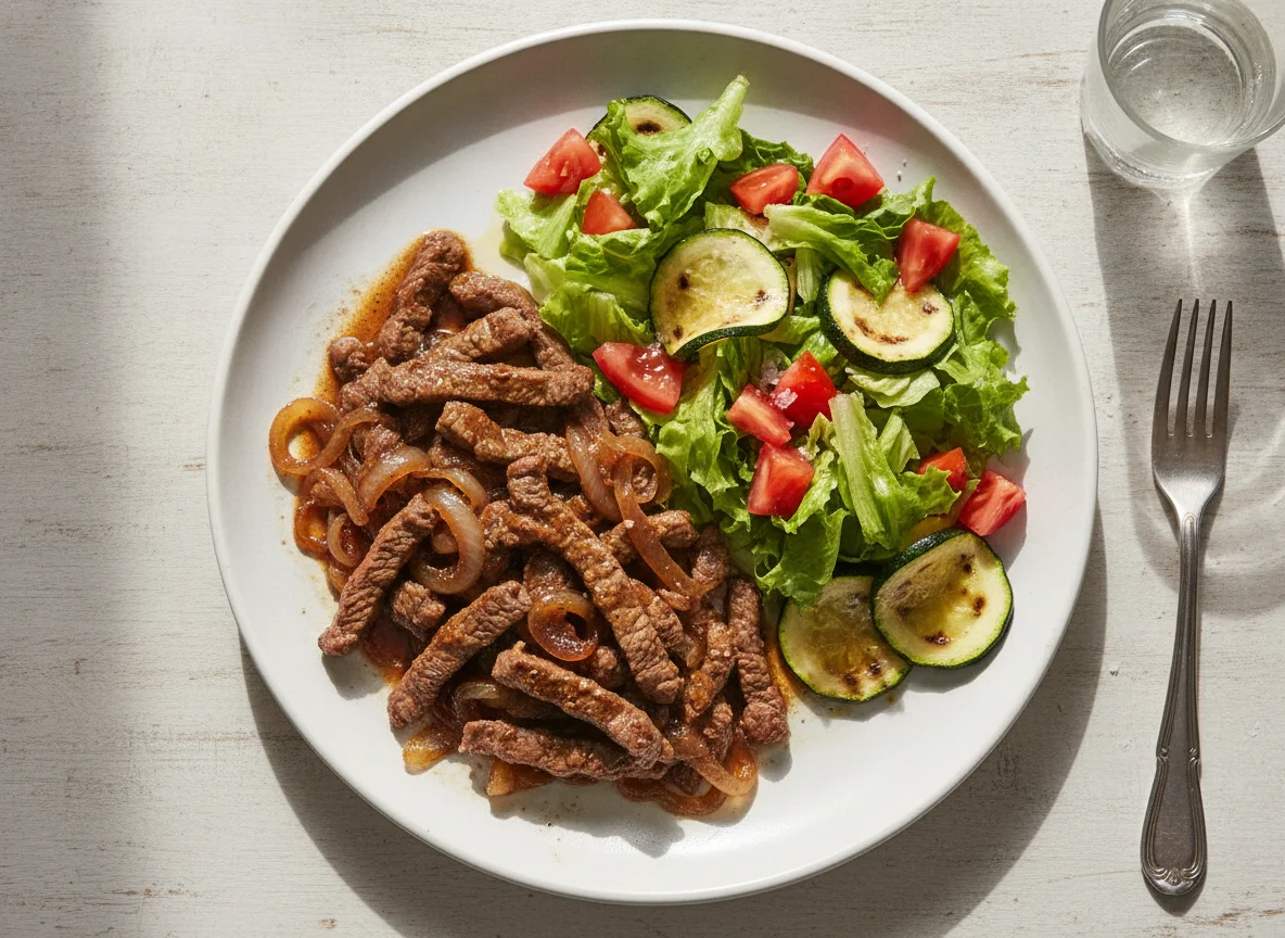 Iscas de carne com salada mista photo