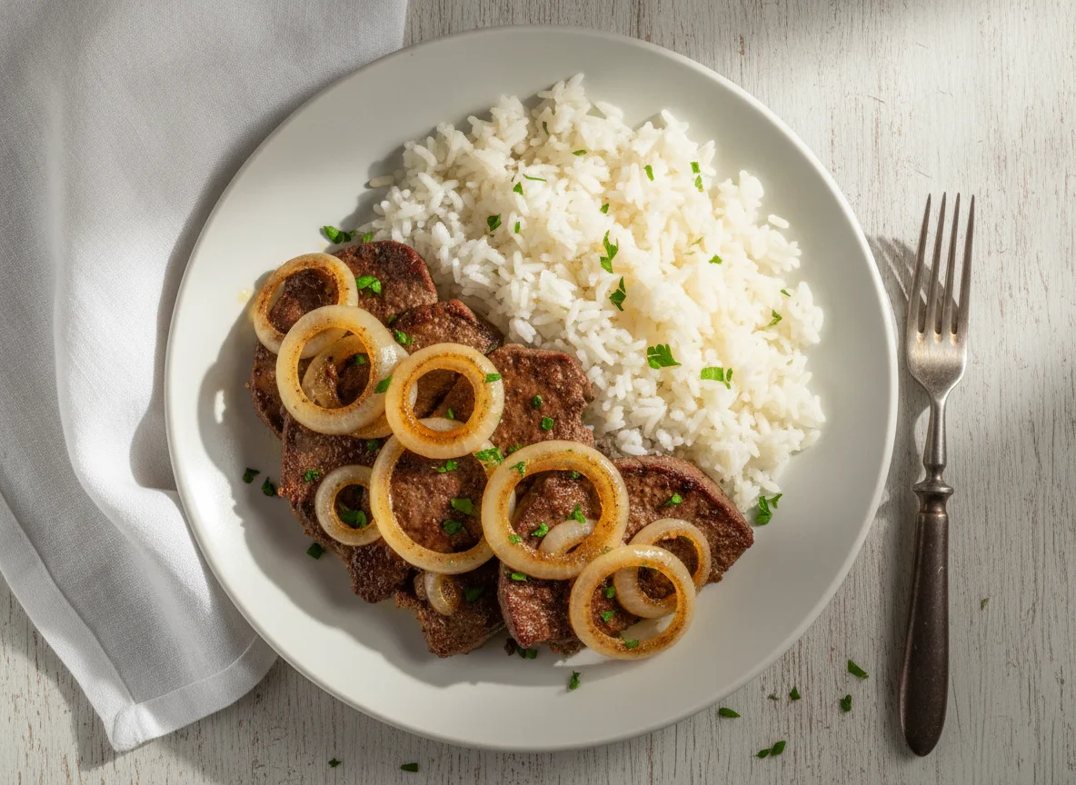 Iscas de fígado acebolado com arroz branco photo