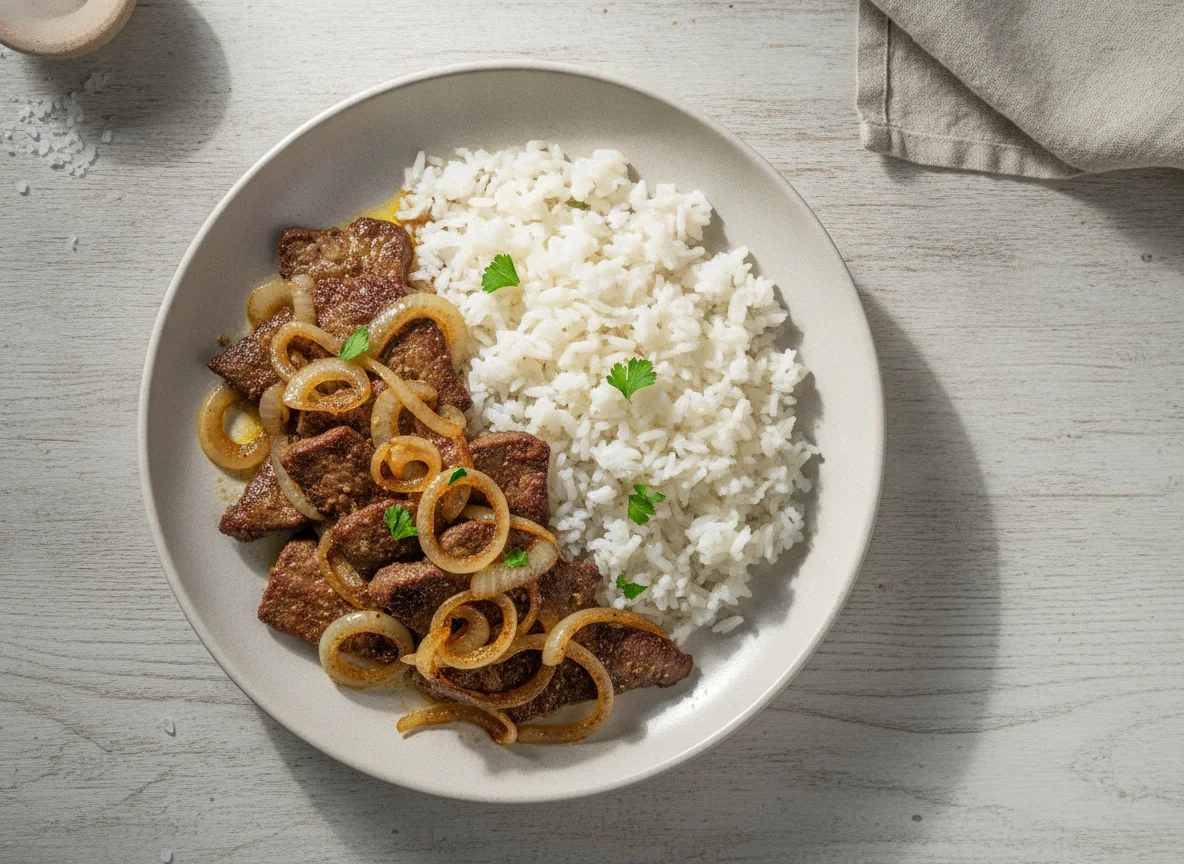 Iscas de fígado acebolado com arroz photo