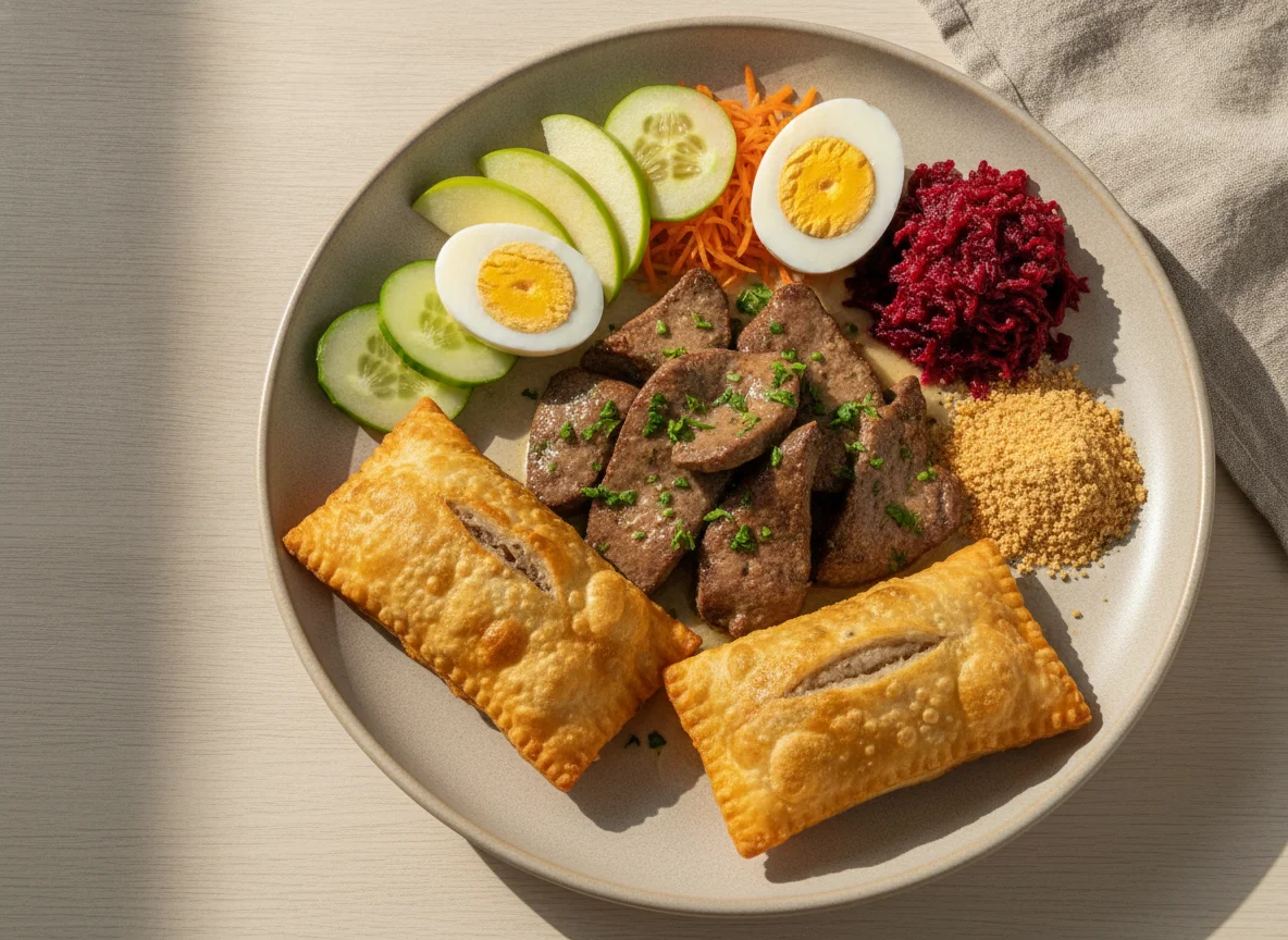Iscas de fígado bovino com pastel e salada photo