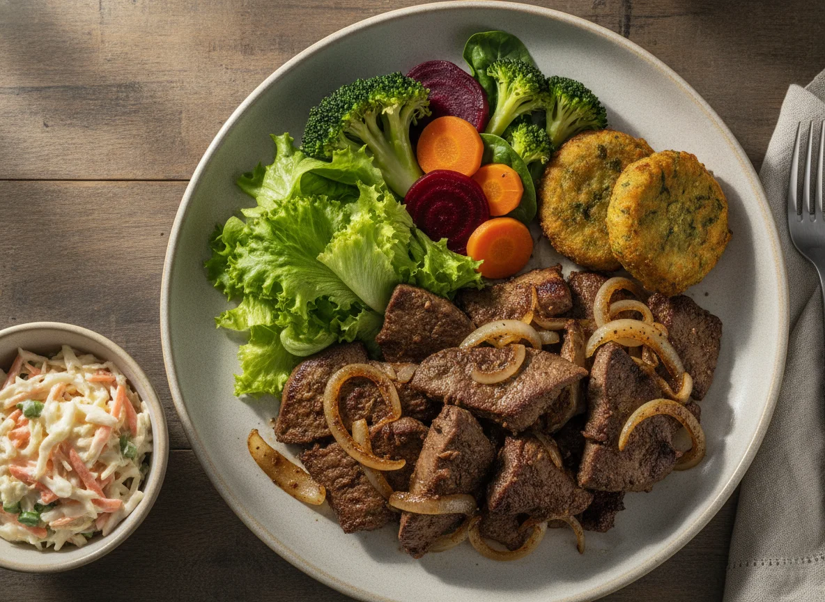 Iscas de fígado com salada mista e legumes photo