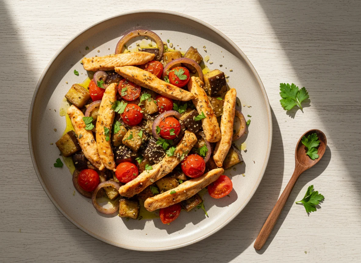 Iscas de Frango com Berinjela Refogada e Tomate - Low Carb photo