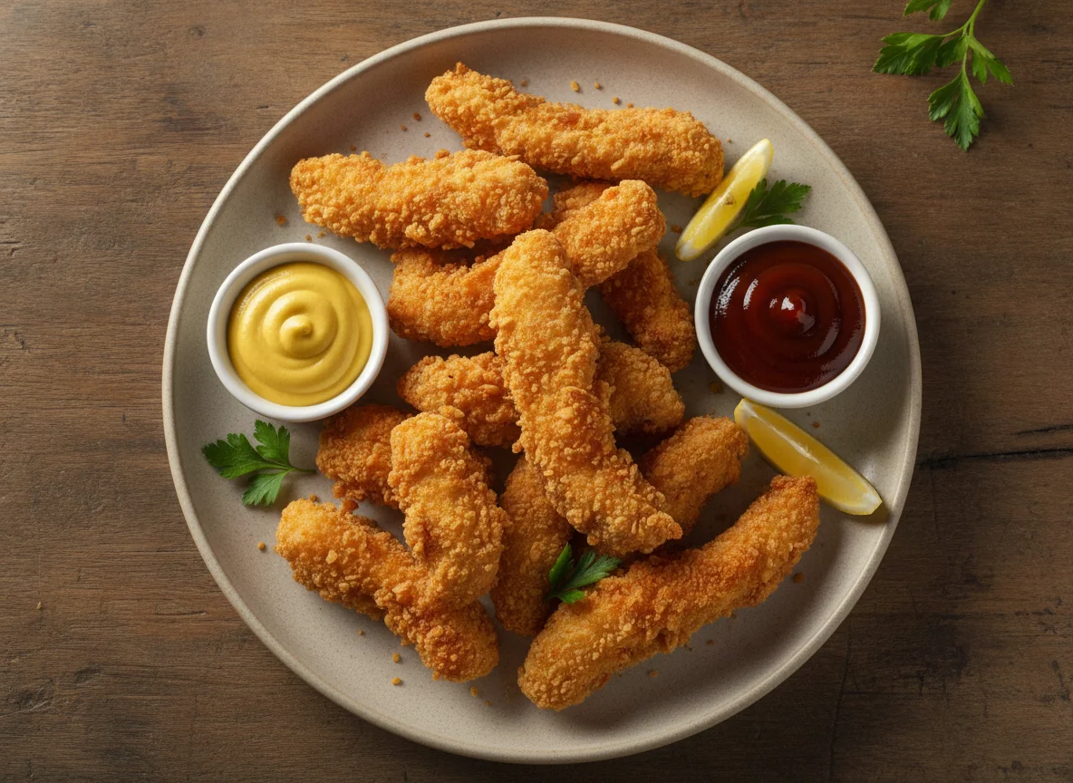 Iscas de frango empanadas com molhos photo