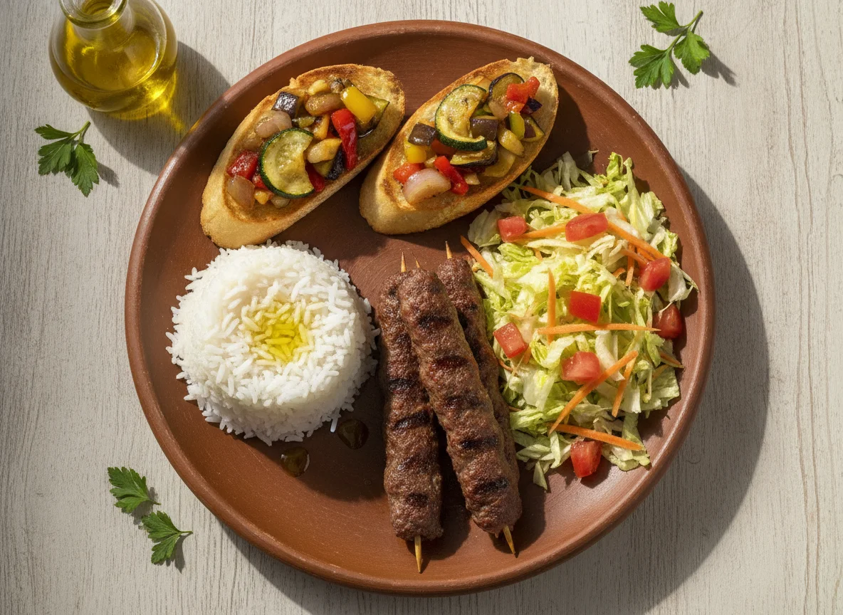 Kafta com Arroz, Salada e Bruschettas de Legumes photo