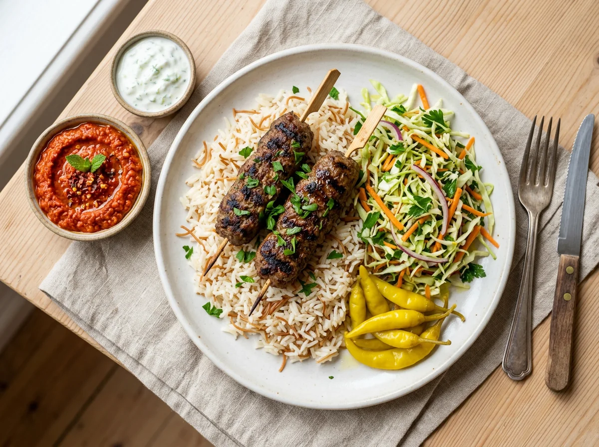 Kebab com arroz, salada e molhos photo