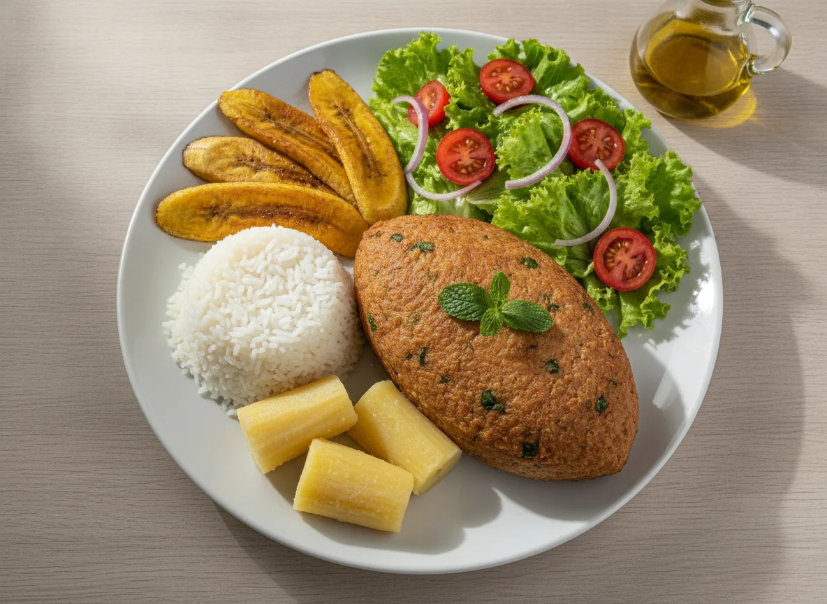 Kibe de forno com arroz, mandioca, banana e salada photo