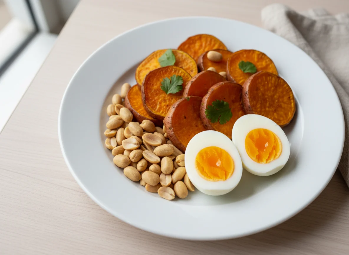 Lanche com batata doce, ovo e amendoim photo