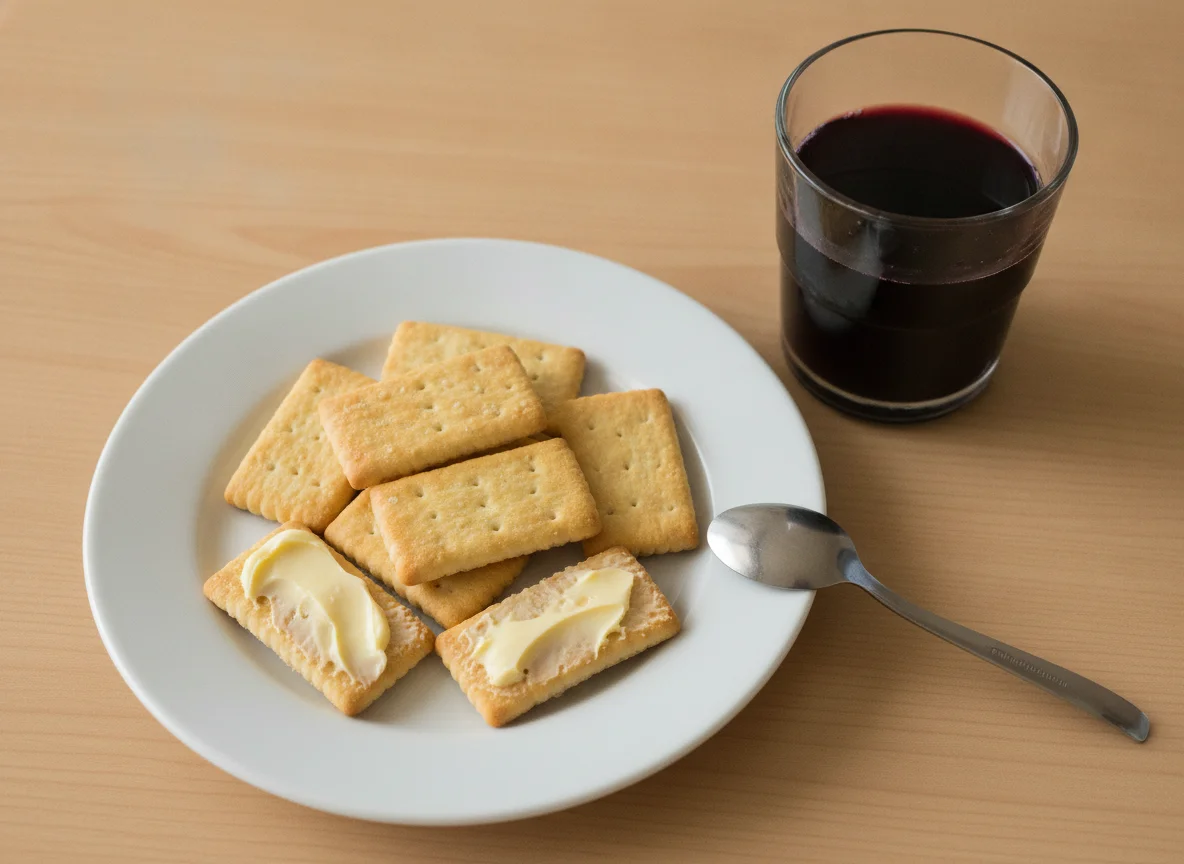 Lanche com biscoitos, margarina e suco photo