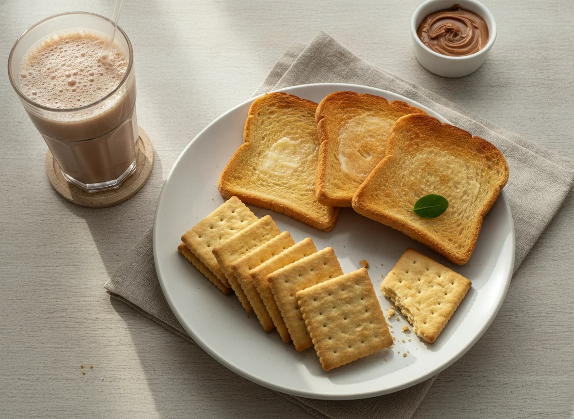 Lanche com biscoitos, torrada e bebida achocolatada photo