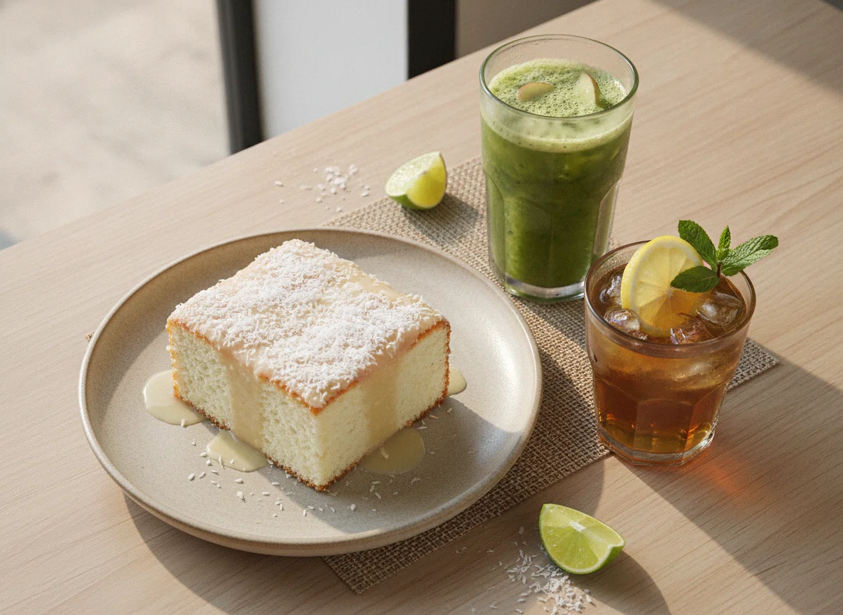 Lanche com bolo de coco e bebidas photo