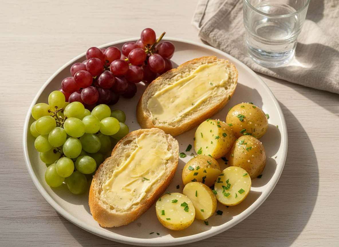 Lanche com frutas e pão photo