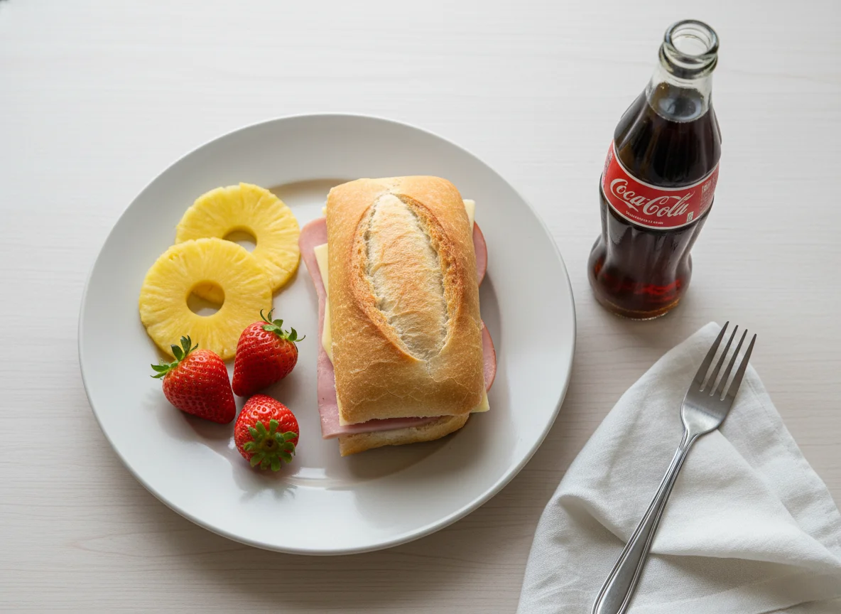 Lanche com frutas e refrigerante photo
