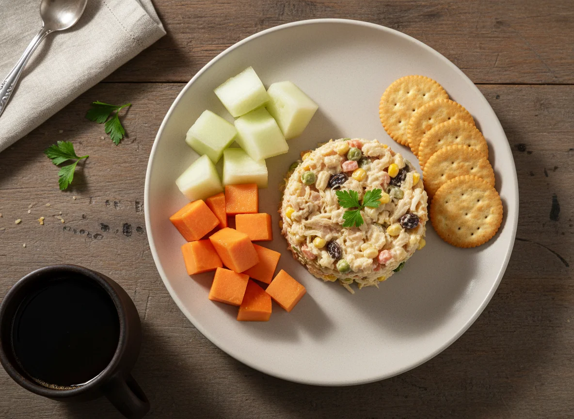 Lanche com frutas e salpicão de frango photo