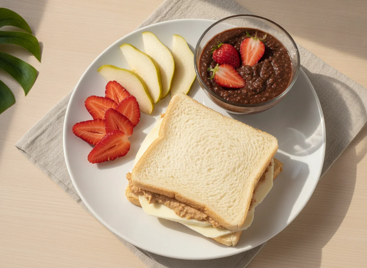 Lanche com frutas e sanduíche de queijo photo
