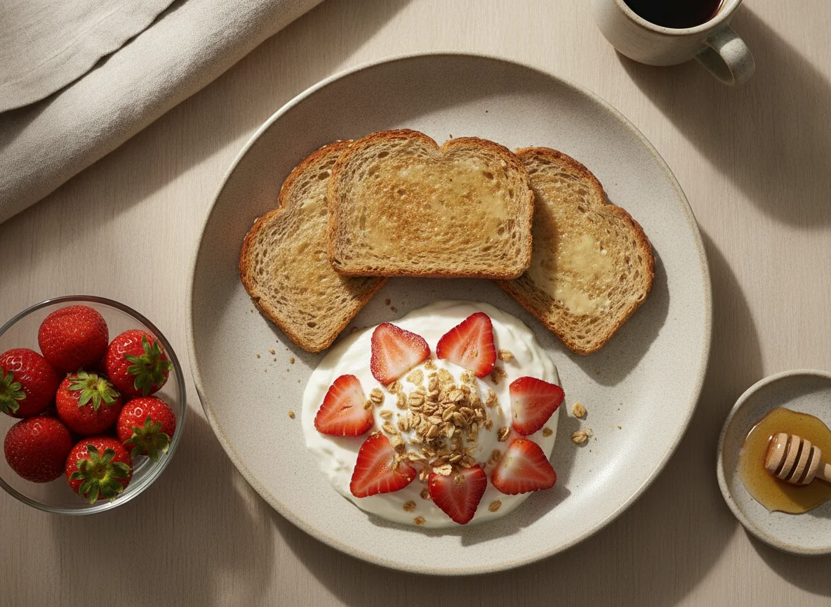 Lanche com iogurte, morangos e torradas photo