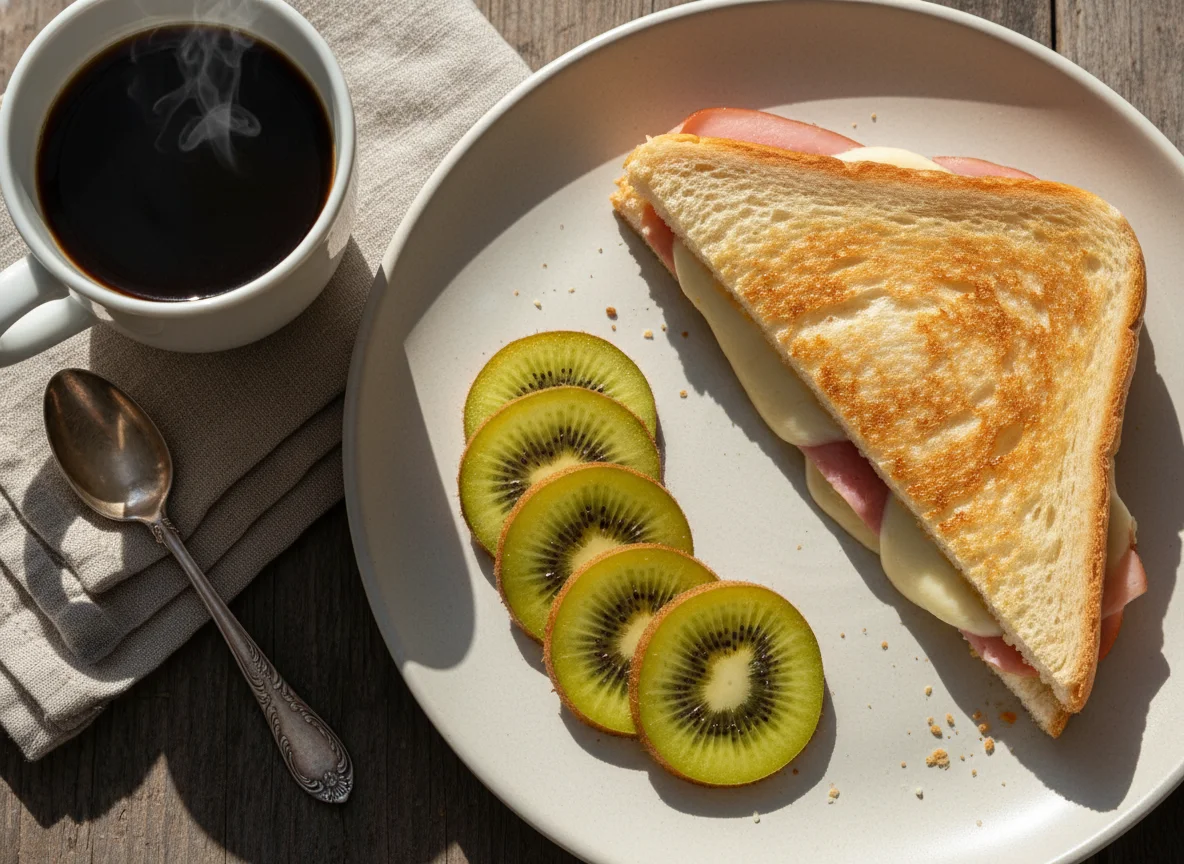 Lanche com kiwi, café e misto quente photo