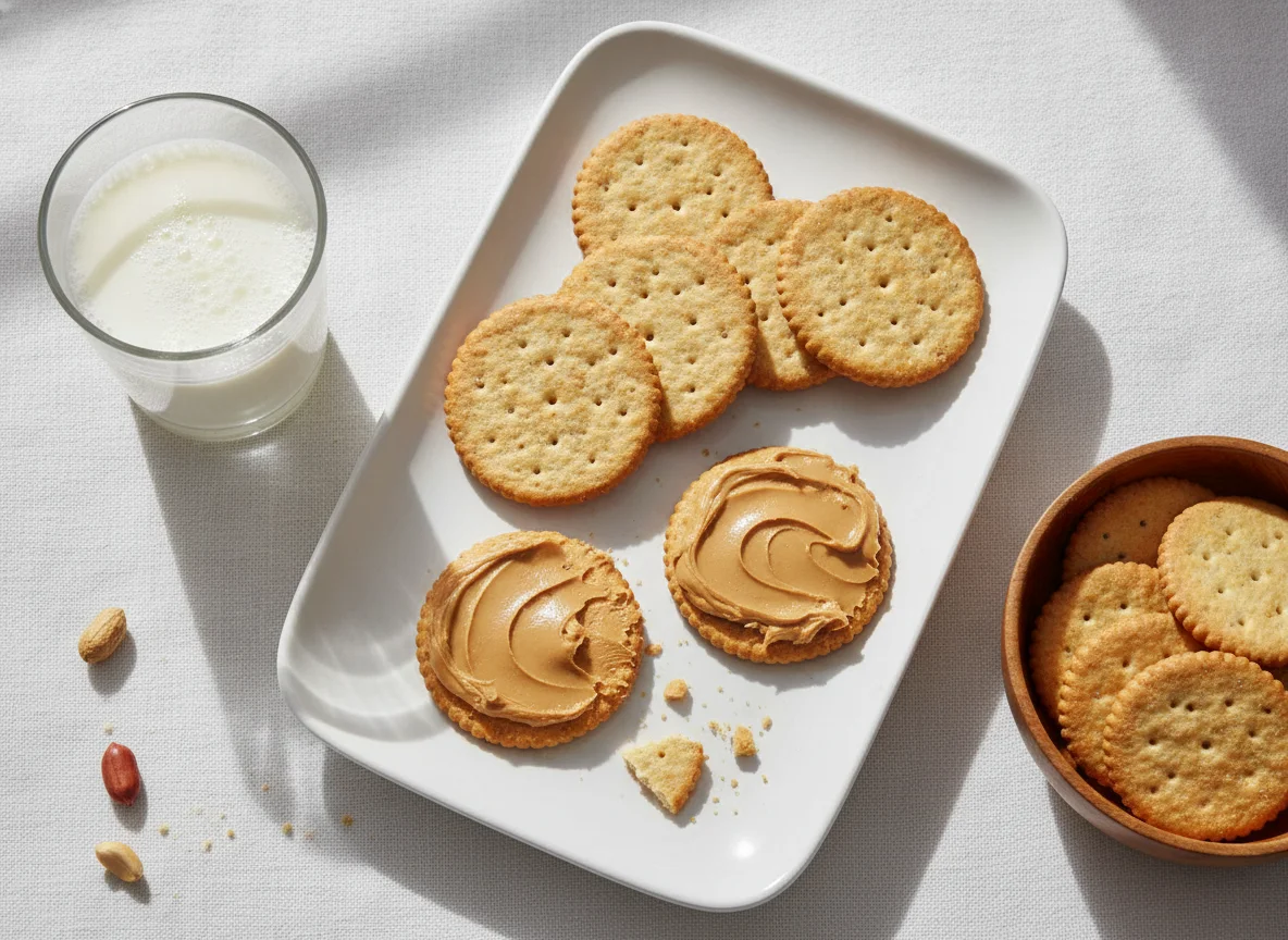 Lanche com leite, biscoito e pasta de amendoim photo