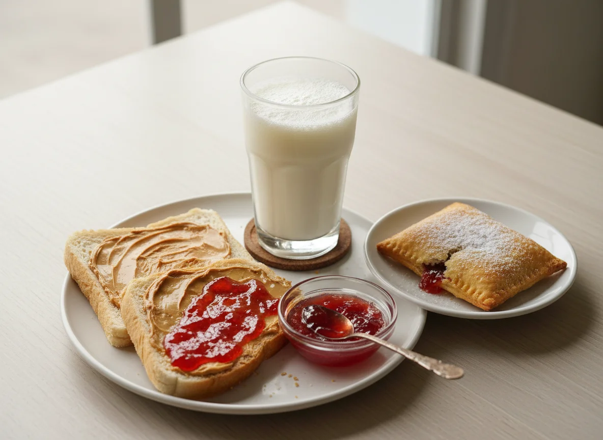 Lanche com leite, pastelaria e sanduíche photo