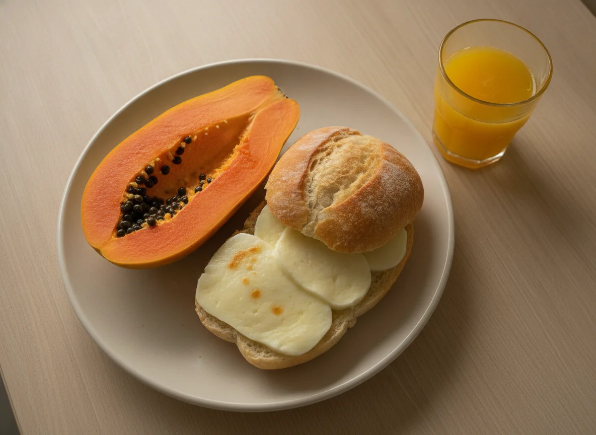 Lanche com mamão e pão com queijo photo