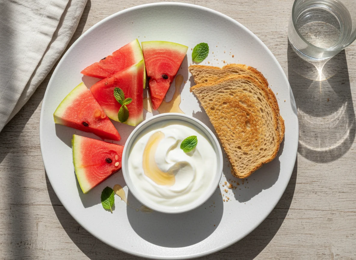 Lanche com melancia, iogurte e torradas photo